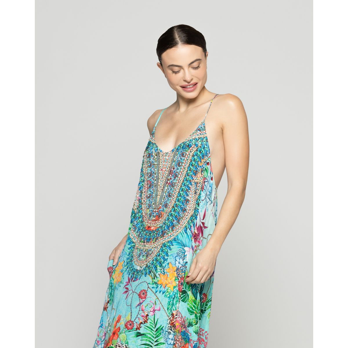 LINEATRE - Vestido Mujer Vicenta Largo Cuello V Estampado Verde Turquesa  Lineatre