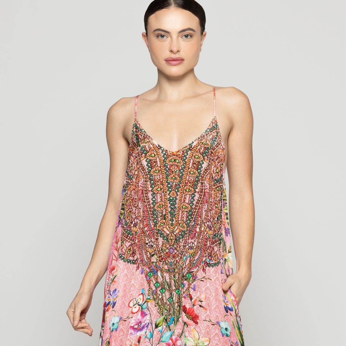 LINEATRE - Vestido Mujer Vicenta Largo Cuello V Estampado Fucsia  Lineatre