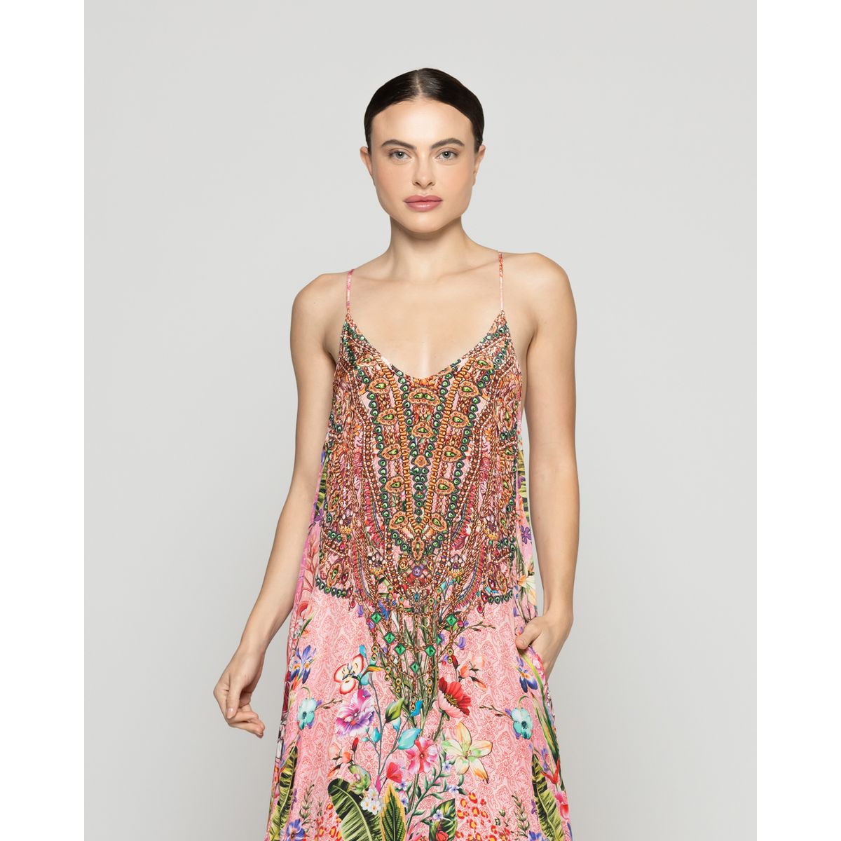 LINEATRE - Vestido Mujer Vicenta Largo Cuello V Estampado Fucsia  Lineatre