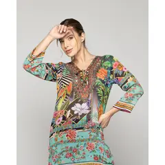 LINEATRE - Túnica Mujer Qiana Con Brillos Estampado Étnico Tropical Verde