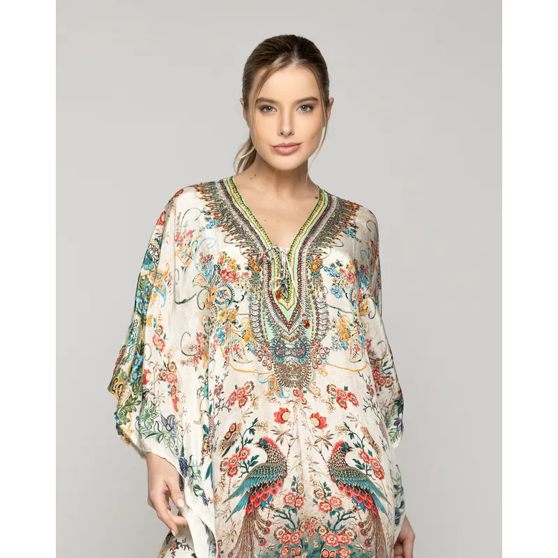 LINEATRE - Túnica Mujer Tipo Kaftan Qamira Estampado Aves Y Flores Crudo Lineatre