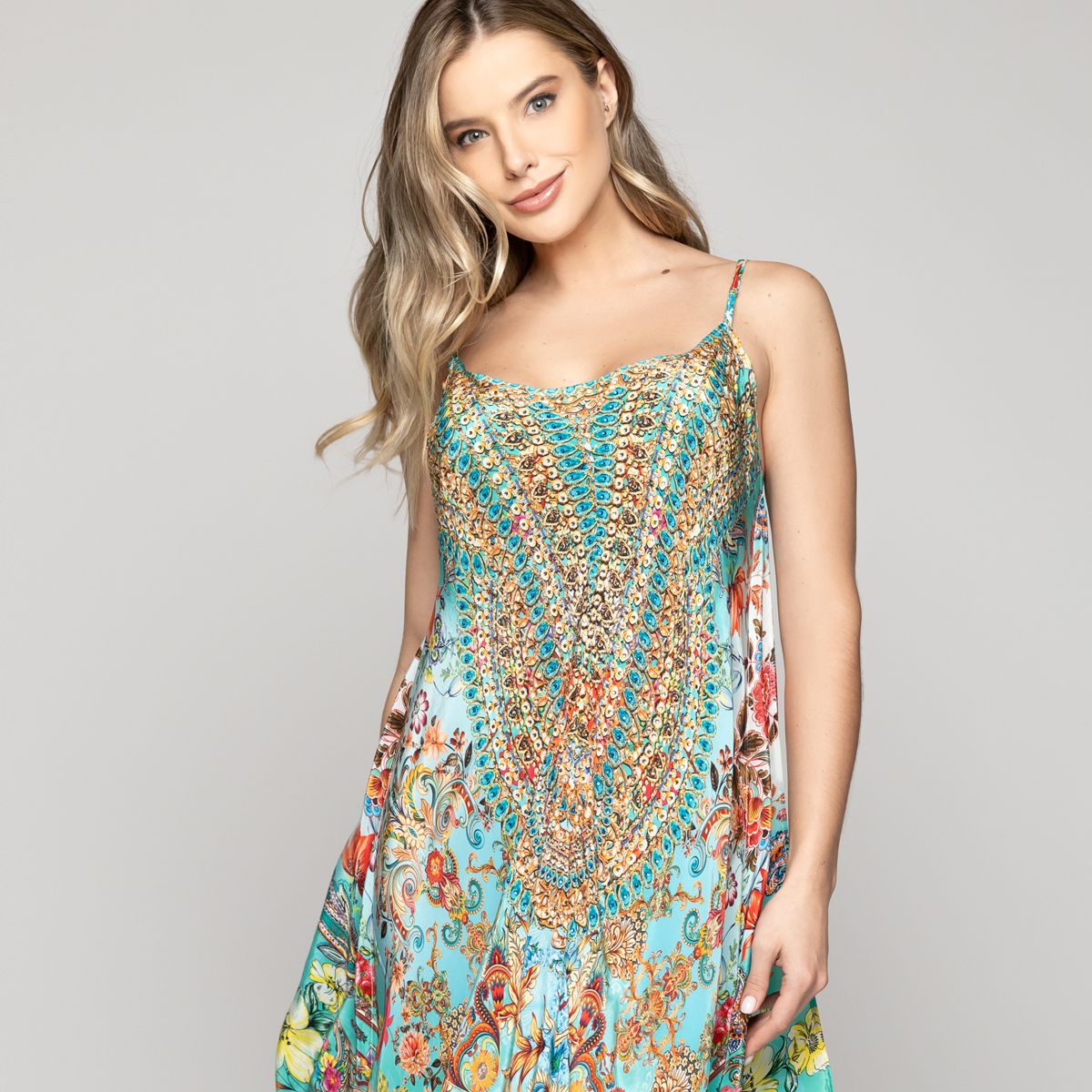 LINEATRE - Vestido Mujer Vera Estampado Con Lentejuelas Chic Verde Turquesa Lineatre