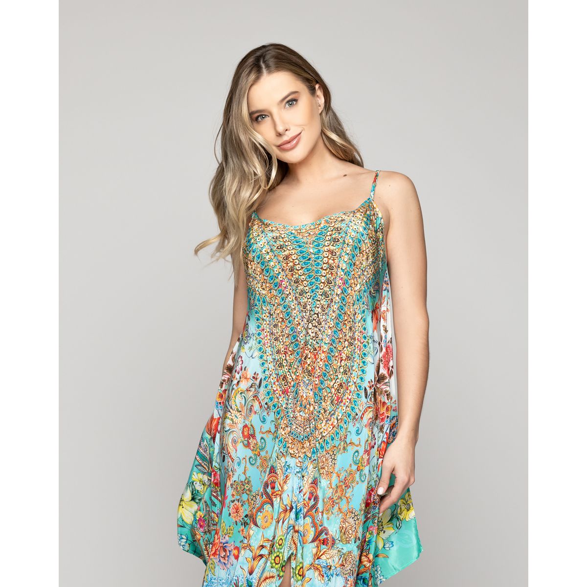 LINEATRE - Vestido Mujer Vera Estampado Con Lentejuelas Chic Verde Turquesa Lineatre