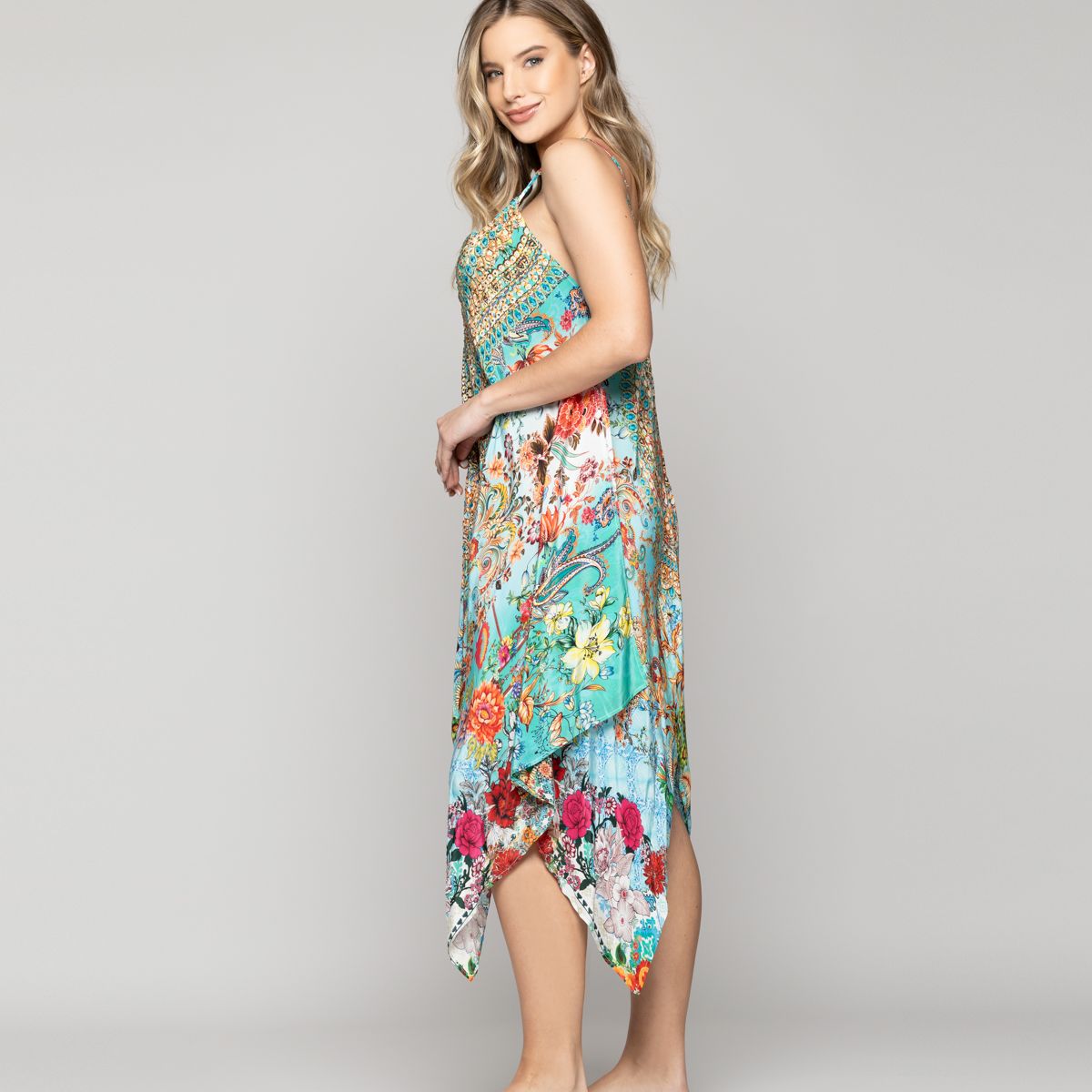 LINEATRE - Vestido Mujer Vera Estampado Con Lentejuelas Chic Verde Turquesa Lineatre