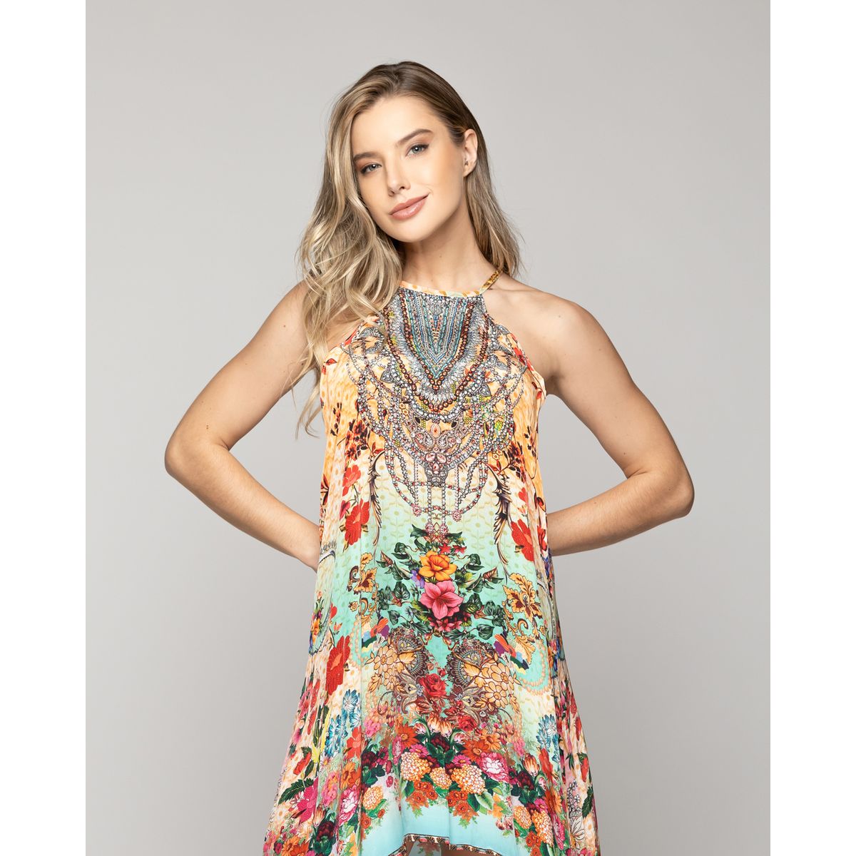 LINEATRE - Vestido Mujer Varya Corto Cuello Halter Estampado Verde Agua Lineatre