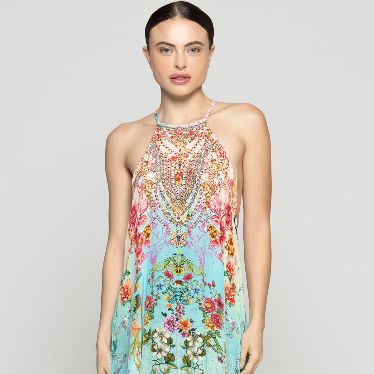 LINEATRE - Vestido Mujer Varya Corto Cuello Halter Estampado Verde Turquesa Lineatre