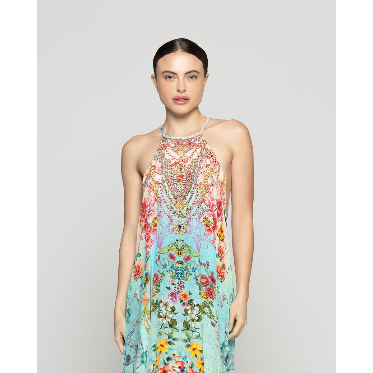 LINEATRE - Vestido Mujer Varya Corto Cuello Halter Estampado Verde Turquesa Lineatre