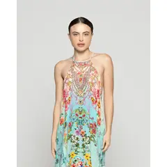 LINEATRE - Vestido Mujer Varya Corto Cuello Halter Estampado Verde Turquesa