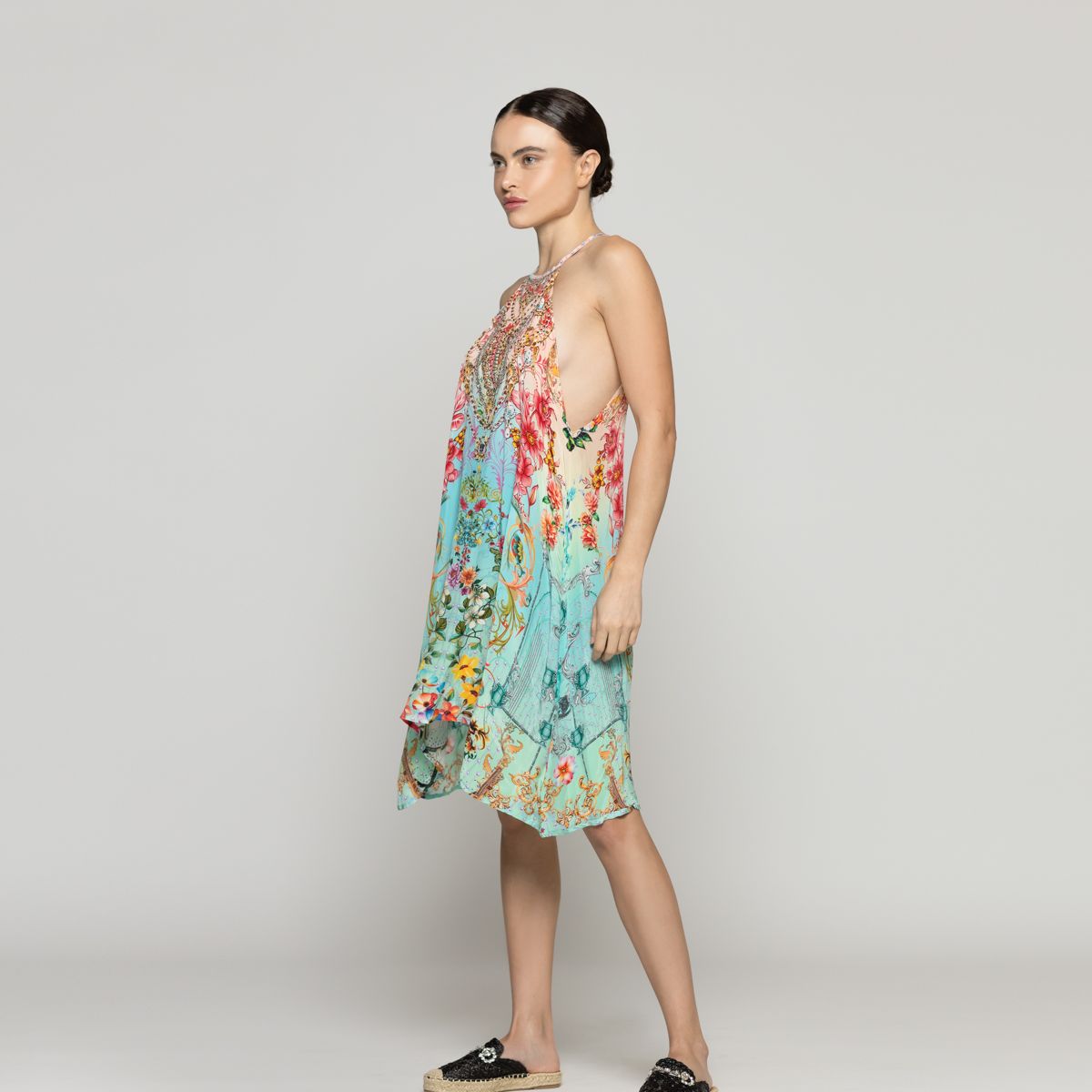 LINEATRE - Vestido Mujer Varya Corto Cuello Halter Estampado Verde Turquesa Lineatre