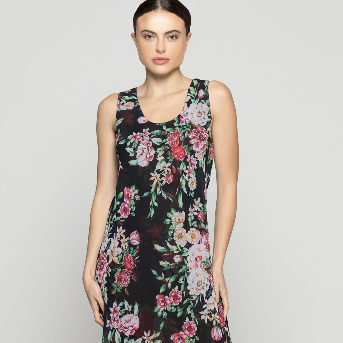 LINEATRE - Vestido Mujer Vilma Reversible Sin Mangas Estampado Flores Negro Lineatre