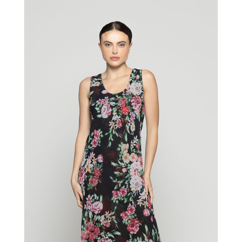 LINEATRE - Vestido Mujer Vilma Reversible Sin Mangas Estampado Flores Negro
