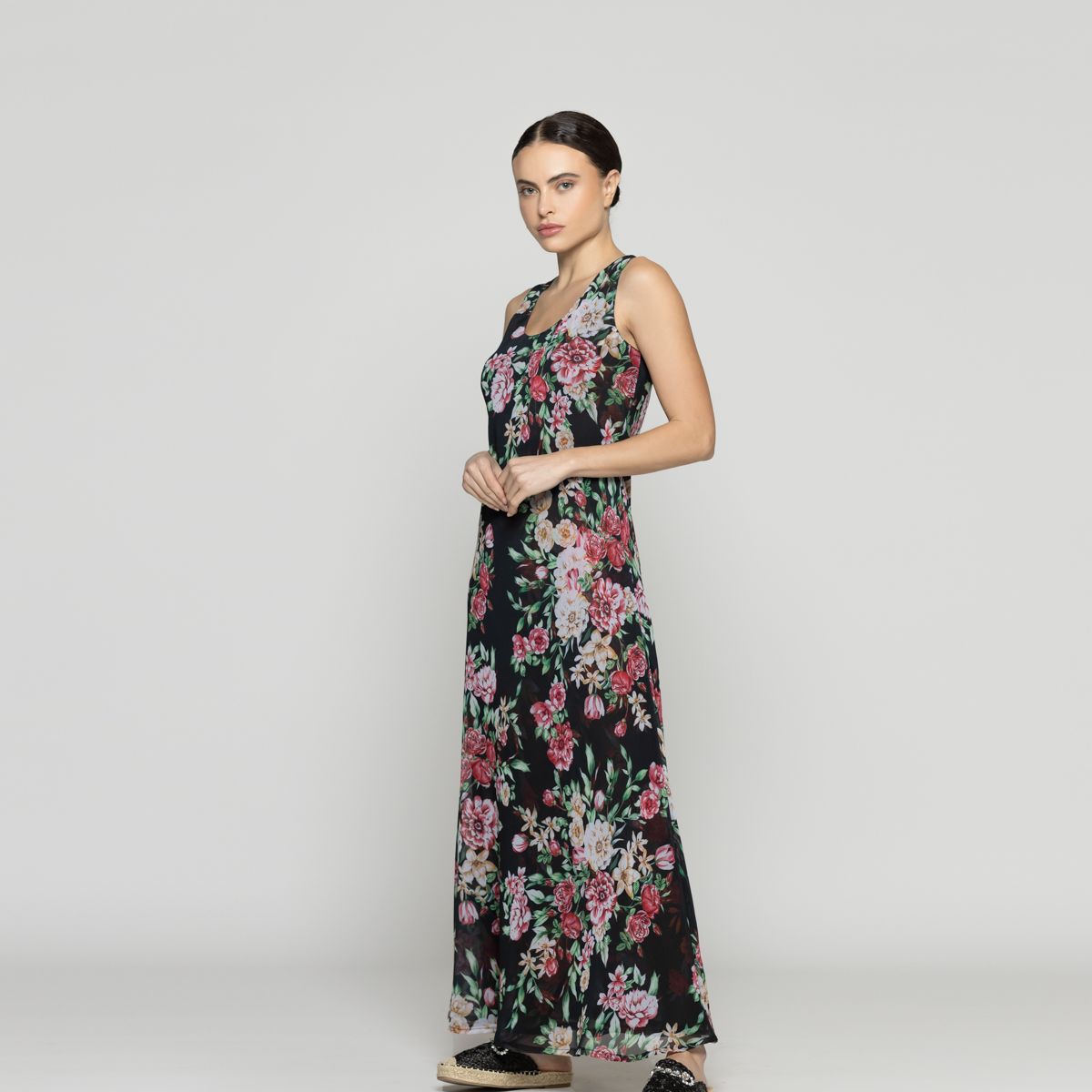 LINEATRE - Vestido Mujer Vilma Reversible Sin Mangas Estampado Flores Negro Lineatre