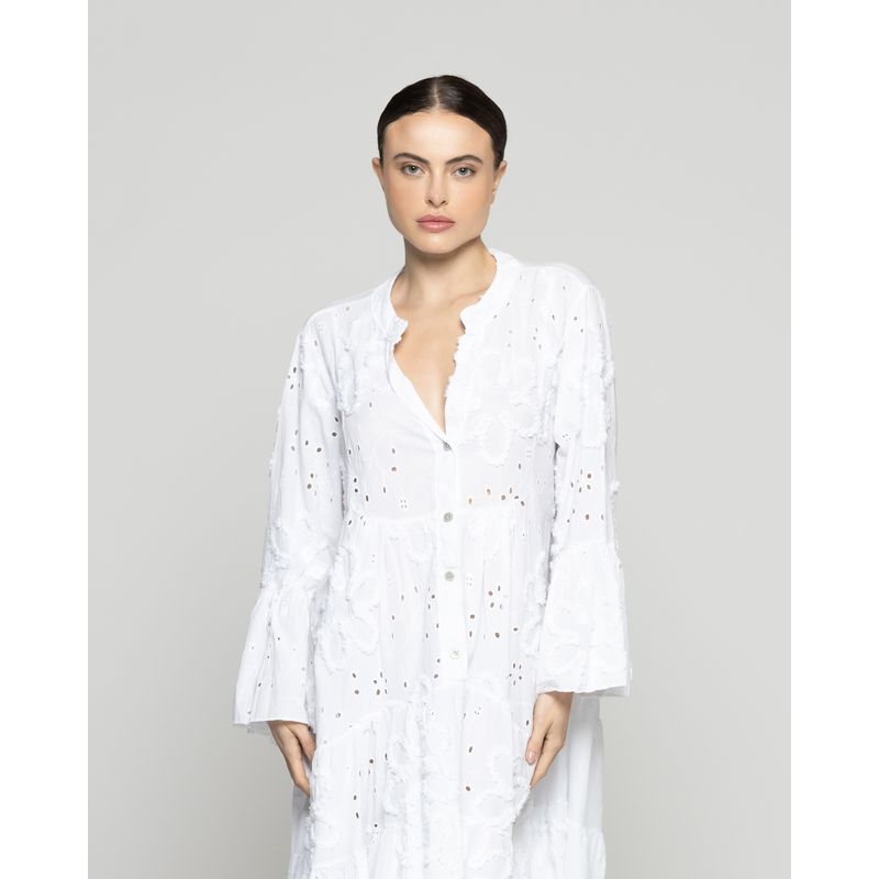 LINEATRE - Vestido Mujer Violetta Broderie Boho Corto Con Mangas Largas Blanco