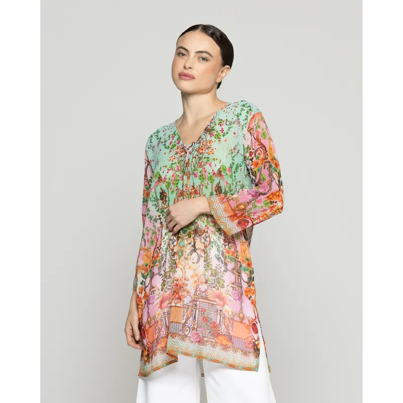 LINEATRE - Túnica Mujer Qiana Con Brillos Estampado Floral Coral Y Verde Agua