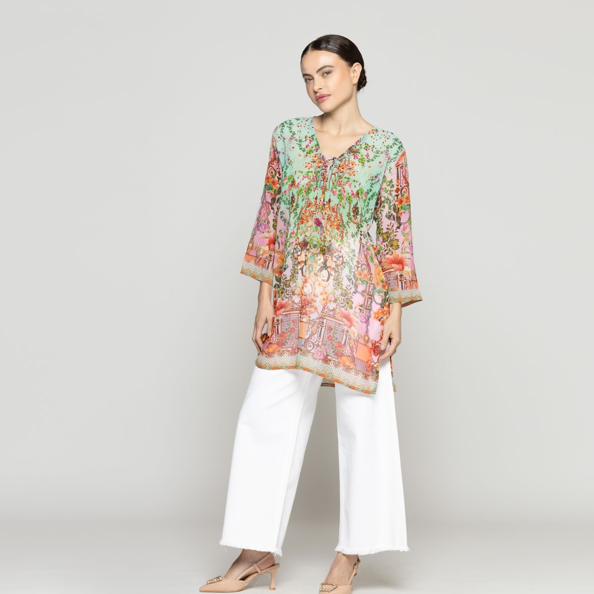 LINEATRE - Túnica Mujer Qiana Con Brillos Estampado Floral Coral Y Verde Agua