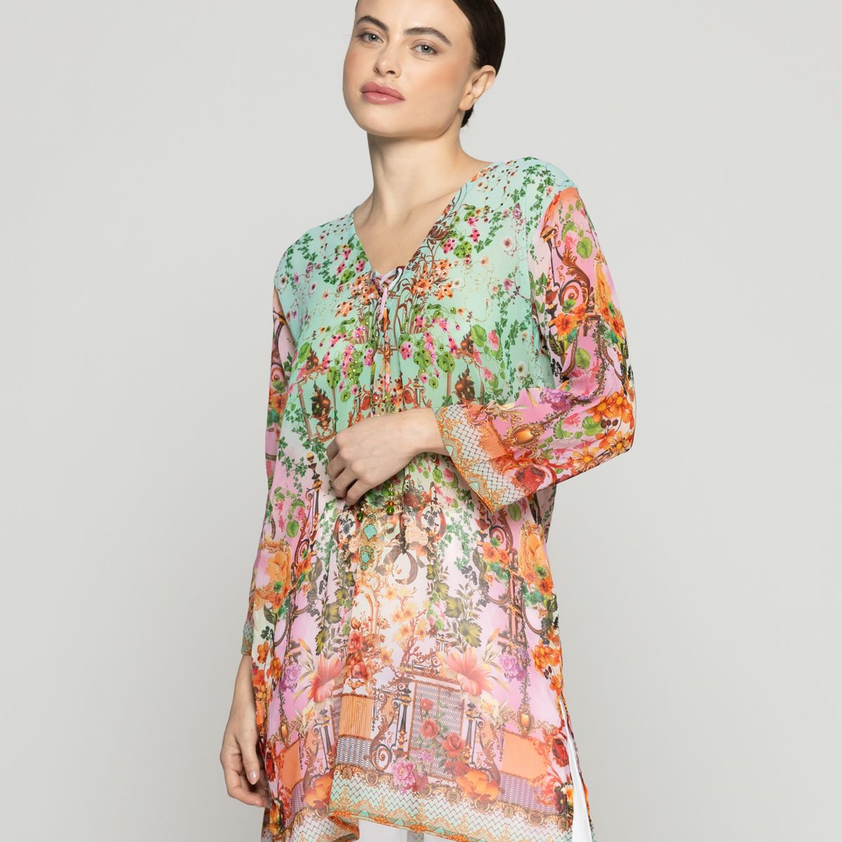 LINEATRE - Túnica Mujer Qiana Con Brillos Estampado Floral Coral Y Verde Agua