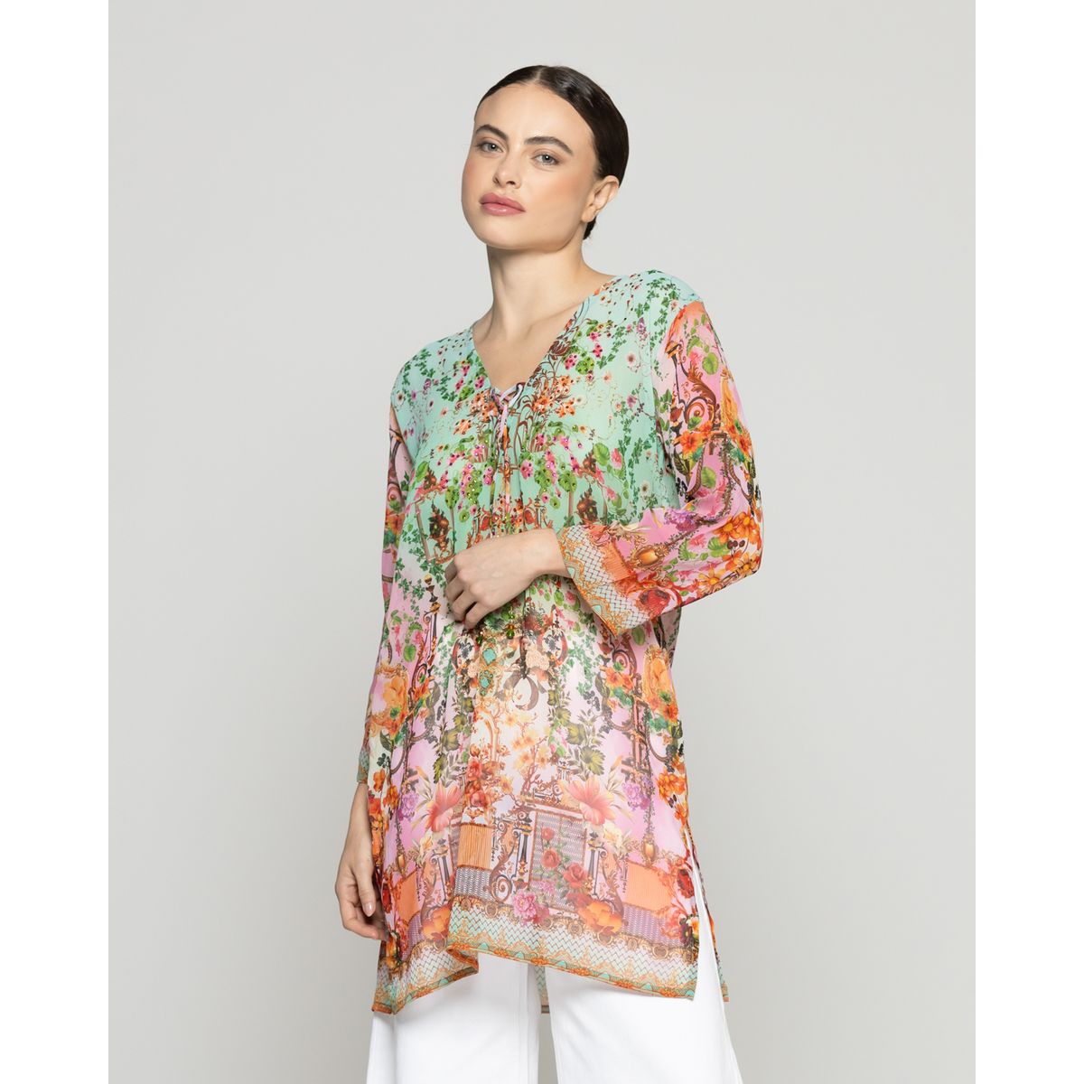 LINEATRE - Túnica Mujer Qiana Con Brillos Estampado Floral Coral Y Verde Agua