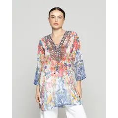 LINEATRE - Túnica Mujer Con Brillos Qiana Estampado Floral Azul Y Blanco