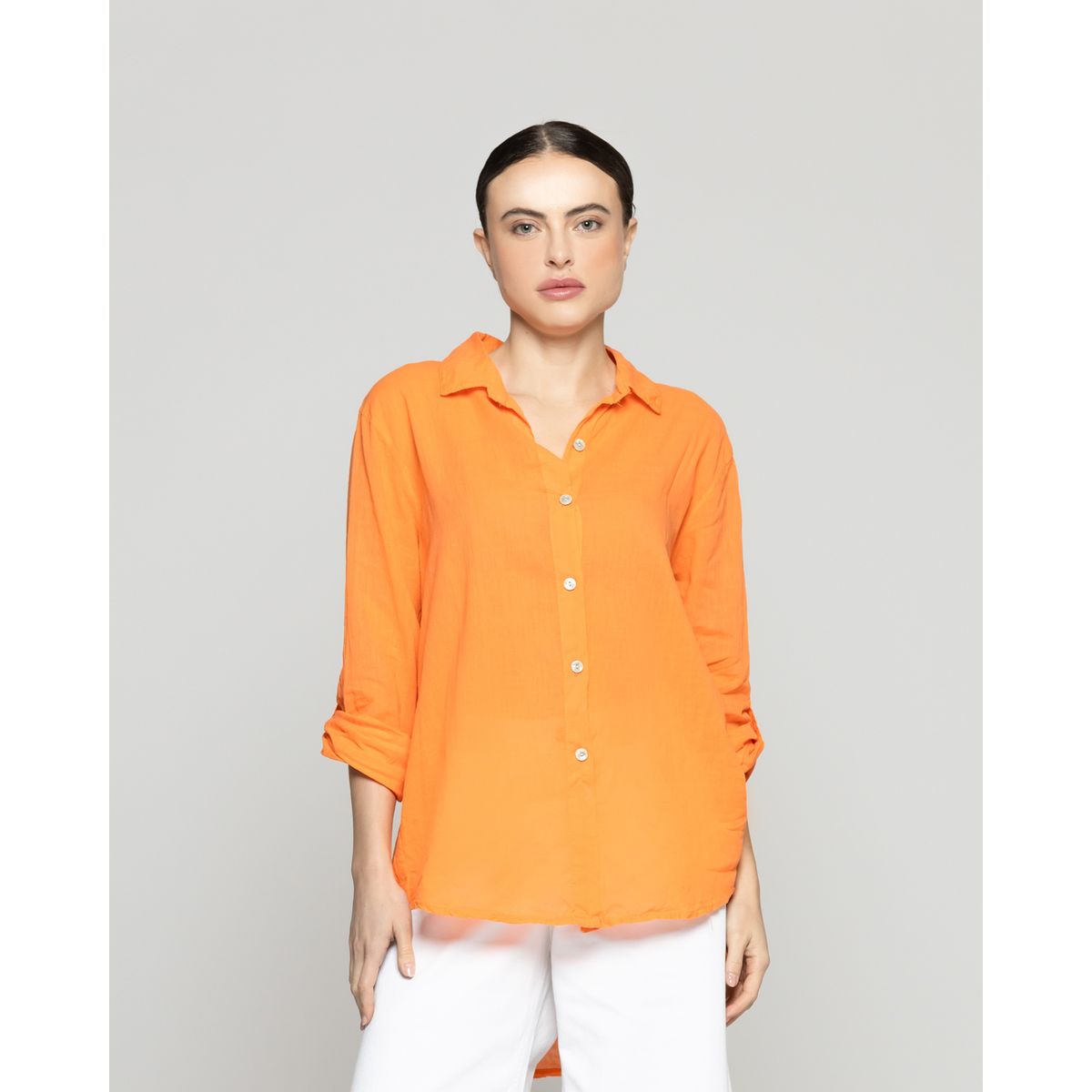 LINEATRE - Blusa Mujer Betsabe de Algodón Manga Larga Lisa Naranja Lineatre