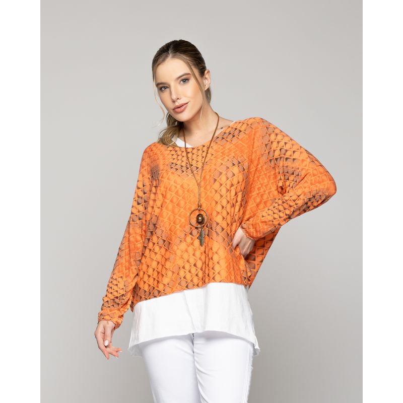 LINEATRE - Polera Mujer Oriana Trama Geométrica Naranja Lineatre