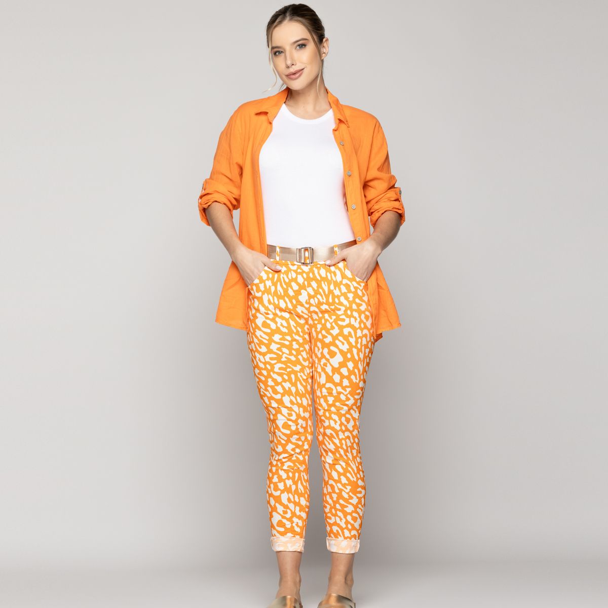 LINEATRE - Pantalón Mujer Phedra Con Estampado Animal Naranja Lineatre