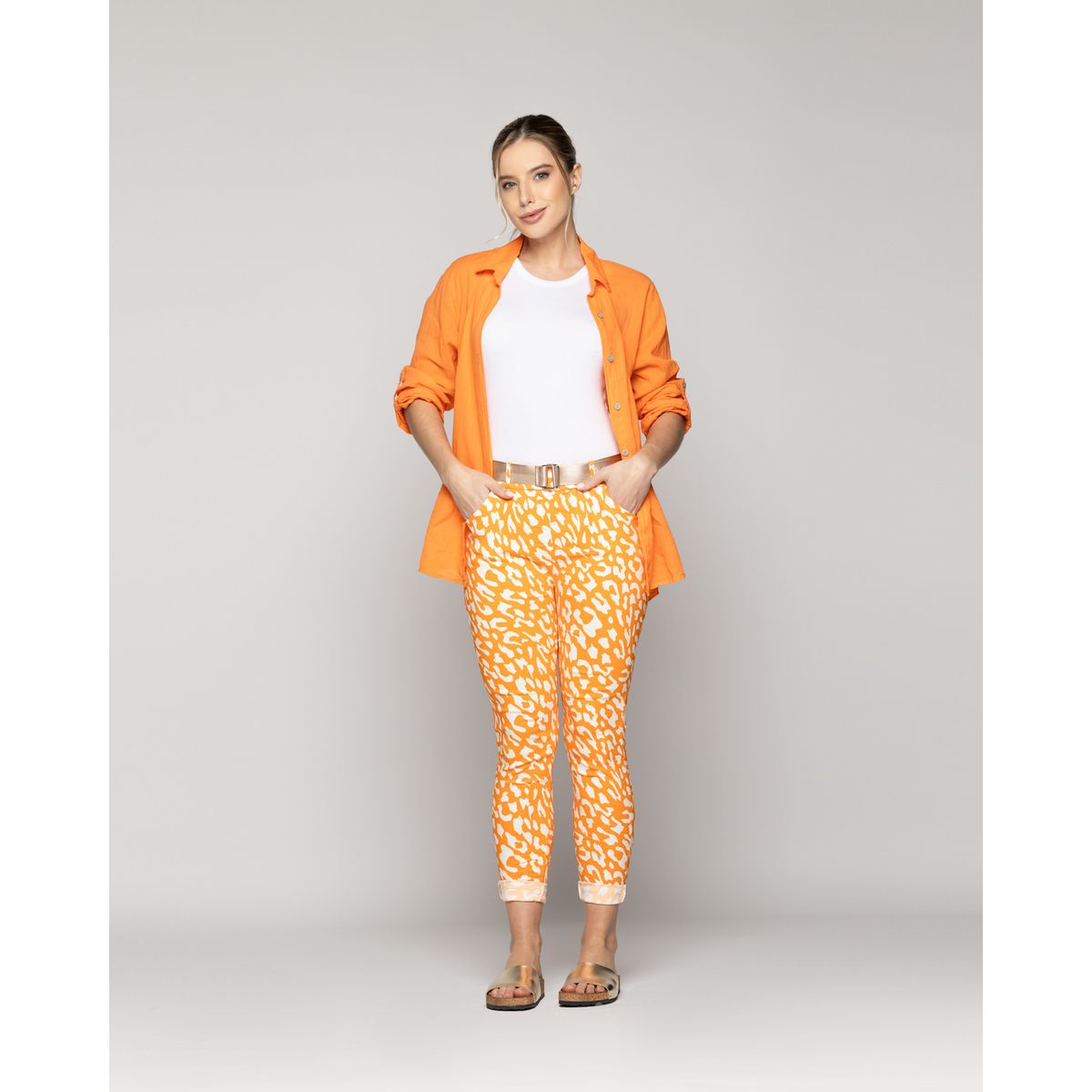 LINEATRE - Pantalón Mujer Phedra Con Estampado Animal Naranja Lineatre
