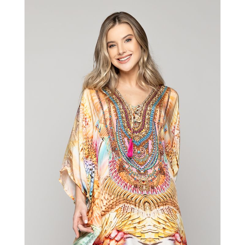 LINEATRE - Túnica Mujer Tipo Kaftan Qamira Estampado Tribal Rosa Lineatre