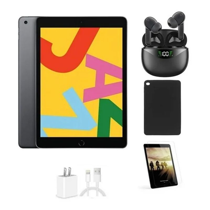 APPLE - Apple iPad de 10.2 pulgadas, 7.ª generación, solo Wi-Fi, 32GB, Gris Espacial, con: Funda, Protector de Pantalla, Cargador Rápido, Auriculares Bluetooth - Reacondicionado