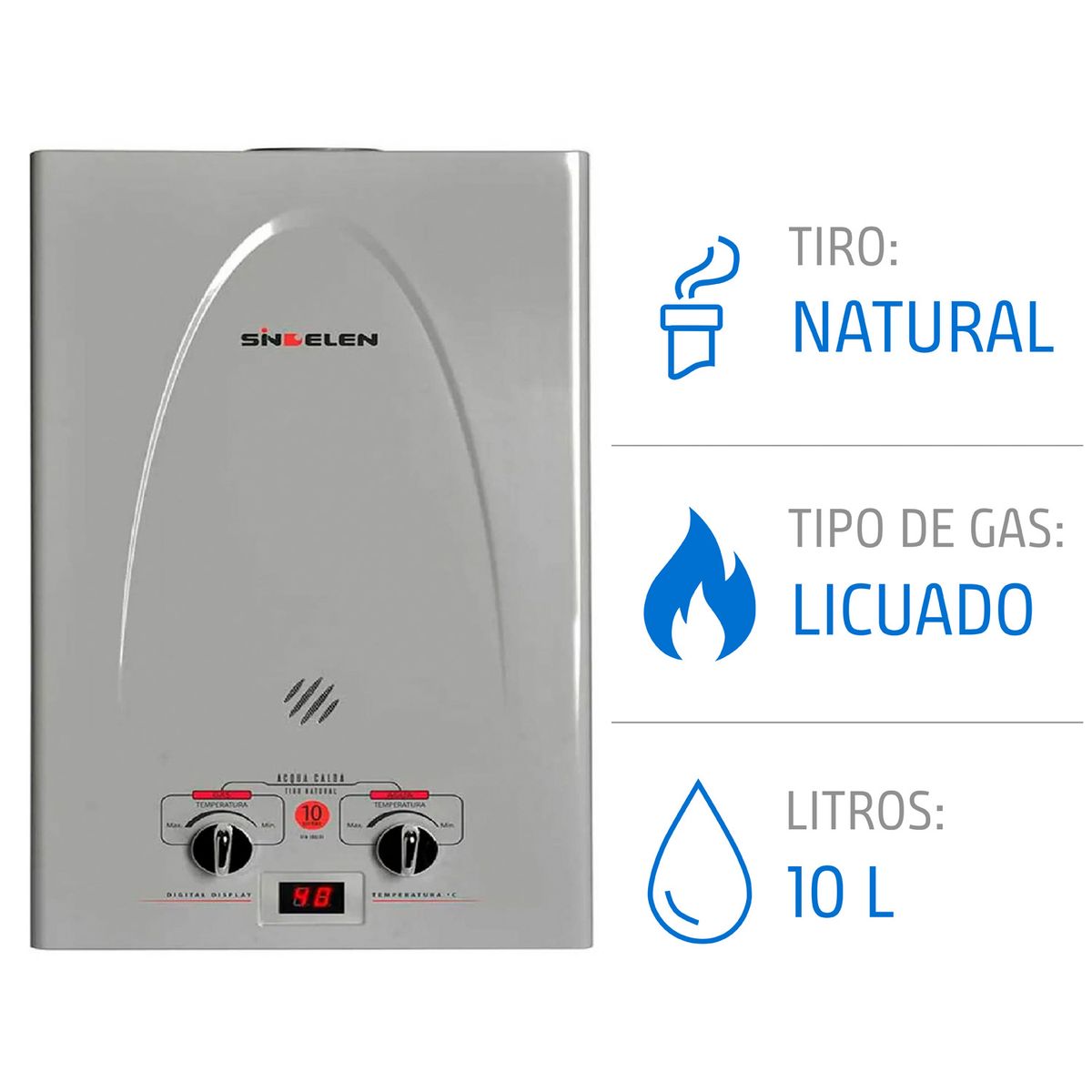 SINDELEN - Calefon Sindelen 10 Lt Glp Tiro Natural Gas Licuado Plateado