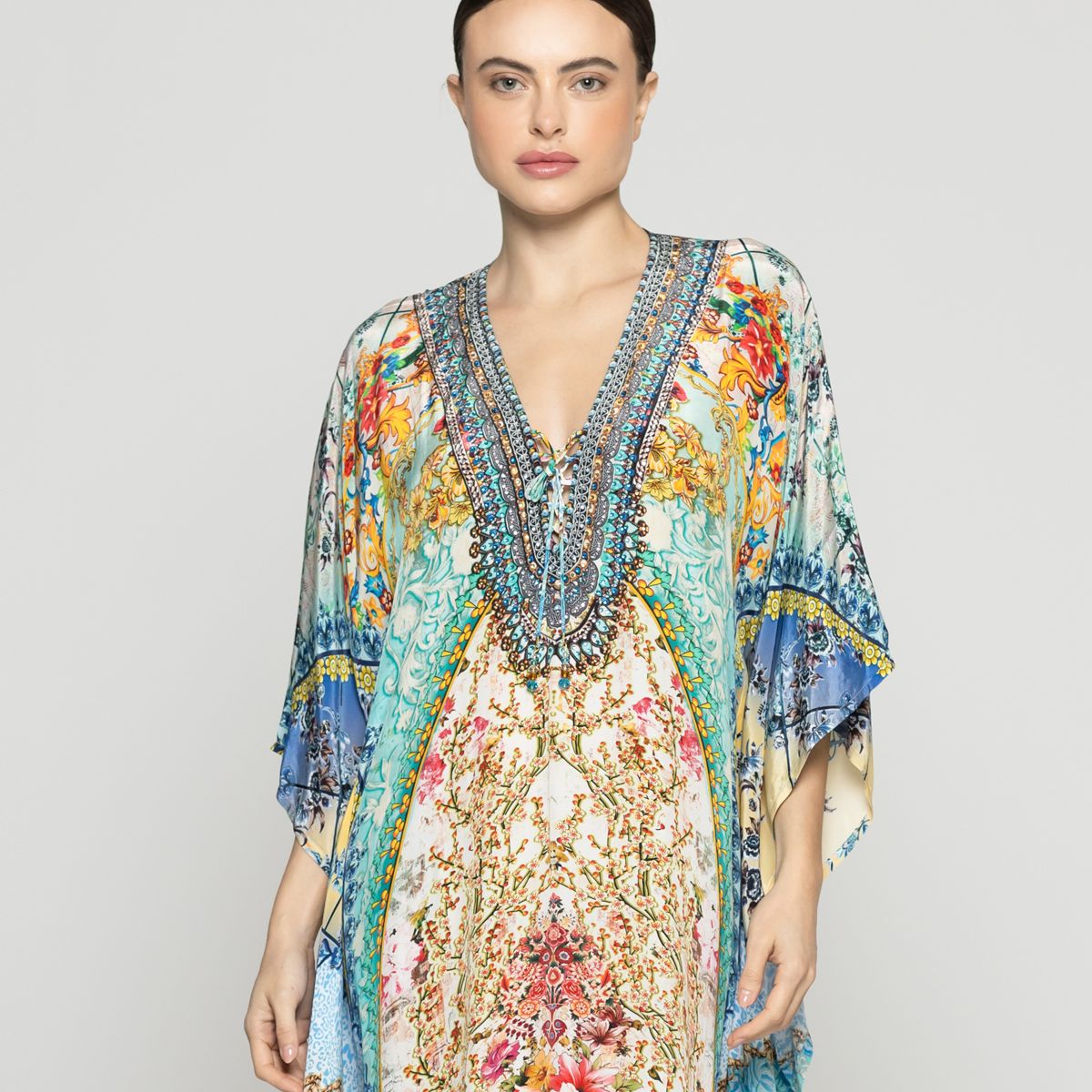 LINEATRE - Túnica Mujer Tipo Kaftan Qamira Estampado Barroco Verde Turquesa