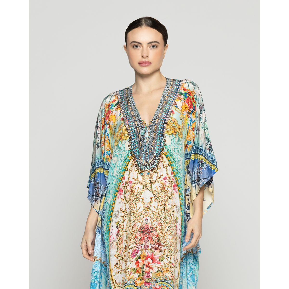 LINEATRE - Túnica Mujer Tipo Kaftan Qamira Estampado Barroco Verde Turquesa