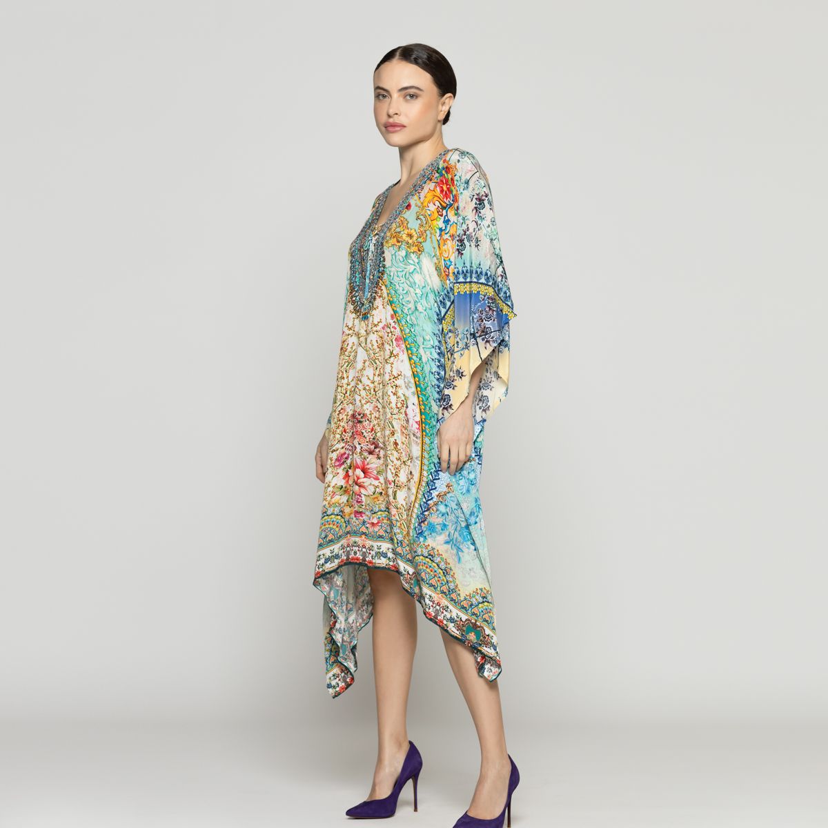 LINEATRE - Túnica Mujer Tipo Kaftan Qamira Estampado Barroco Verde Turquesa