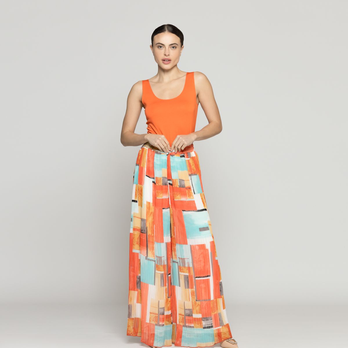 LINEATRE - Pantalón Mujer Pía Palazzo Plisado Estampado Naranja Lineatre