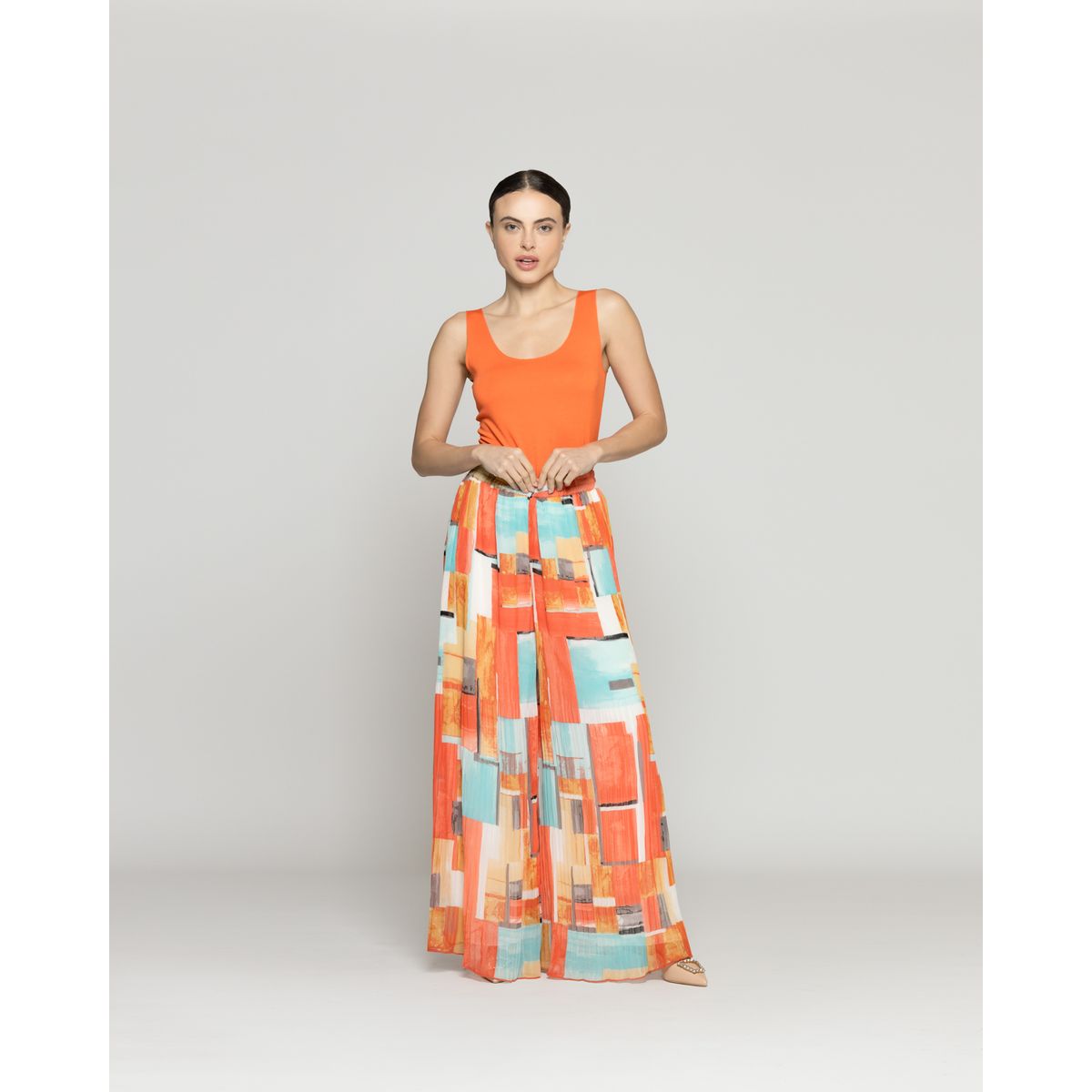 LINEATRE - Pantalón Mujer Pía Palazzo Plisado Estampado Naranja Lineatre