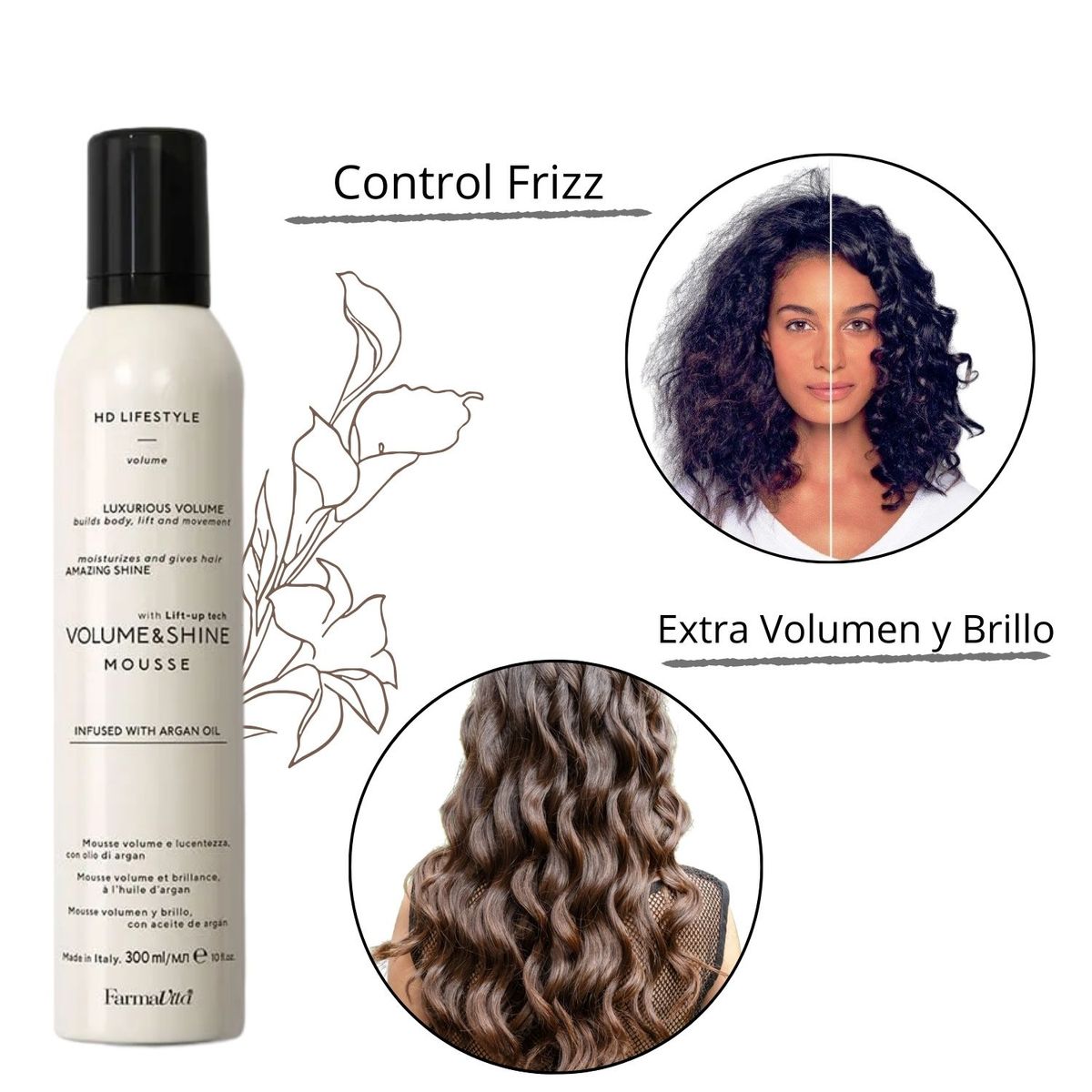 FARMAVITA - Mousse HD Life Style Volumen & Shine 300ml Brillo Ligero Aceite  Argan Nutre