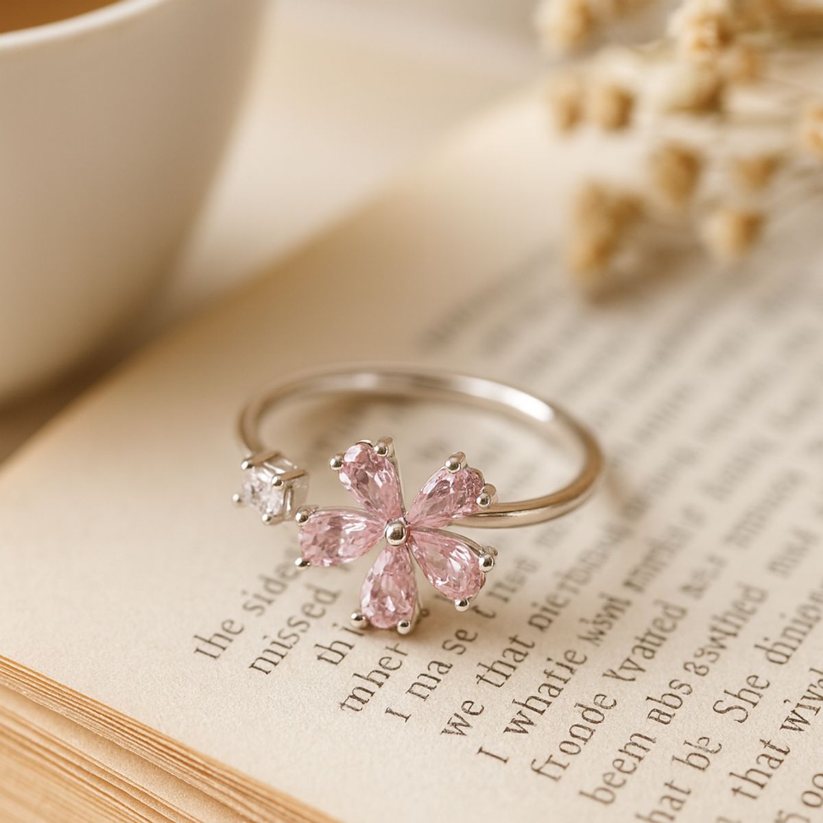 LK LUKSO - Anillo Ajustable Plata 925 Mariposa Flor Circones Rosa Francia