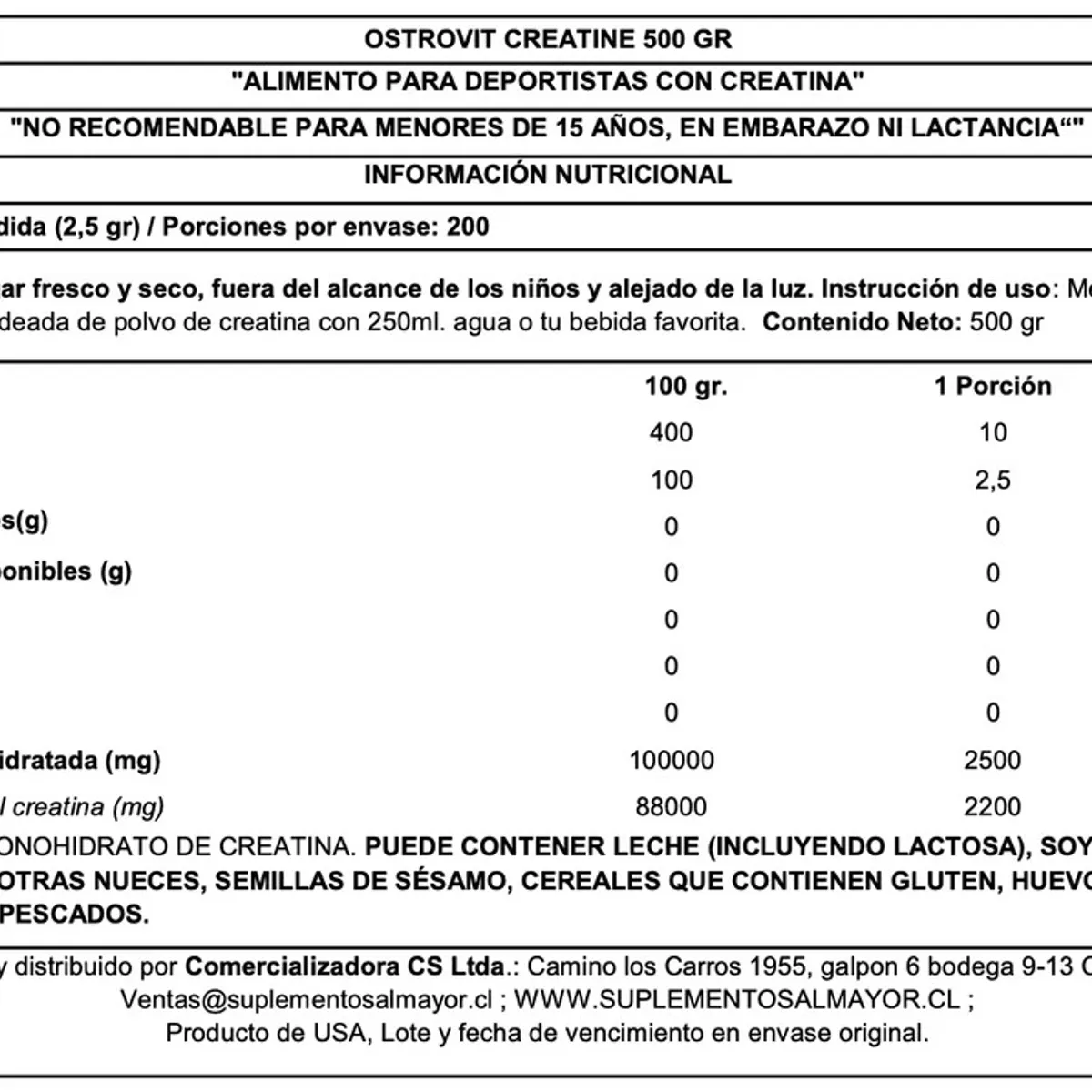 OSTROVIT - CREATINA MONOHIDRATADA 500 GR SIN SABOR - OSTROVIT