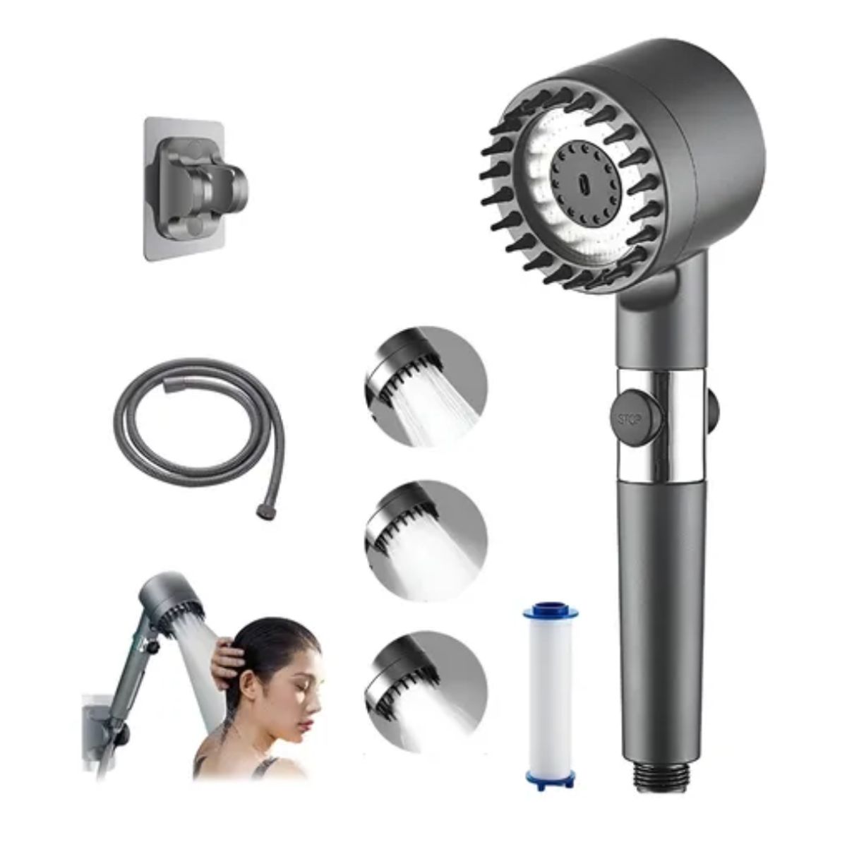 MOVI - CABEZAL DE DUCHA 4 EN 1 con Manguera Flexible de 1.50 cms