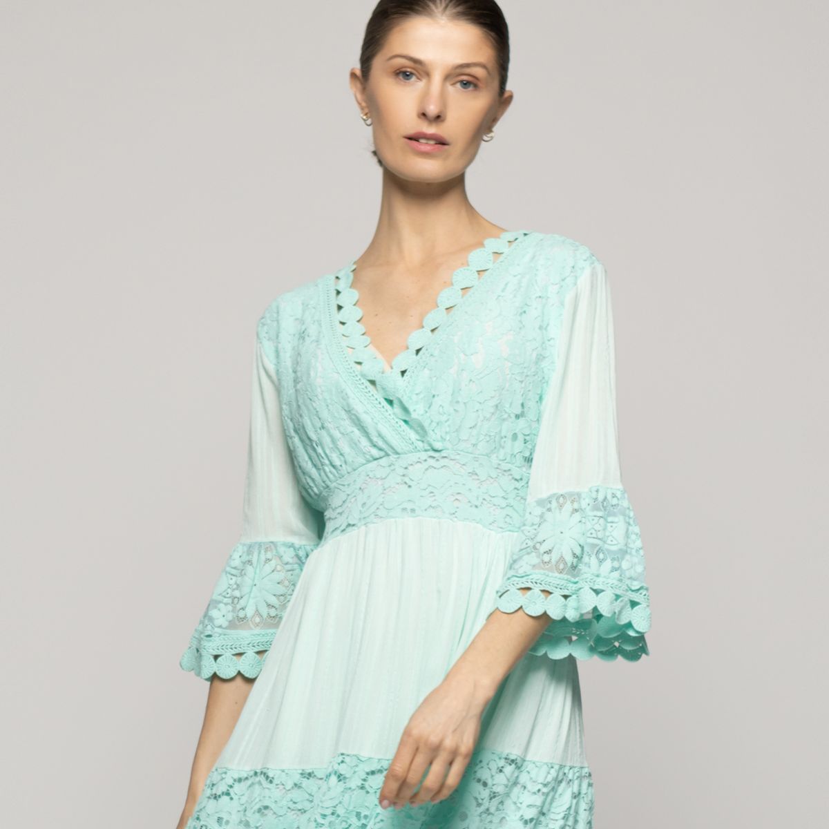 LINEATRE - Vestido Mujer Vivi Largo Midi Con Adornos De Encaje Agua Lineatre