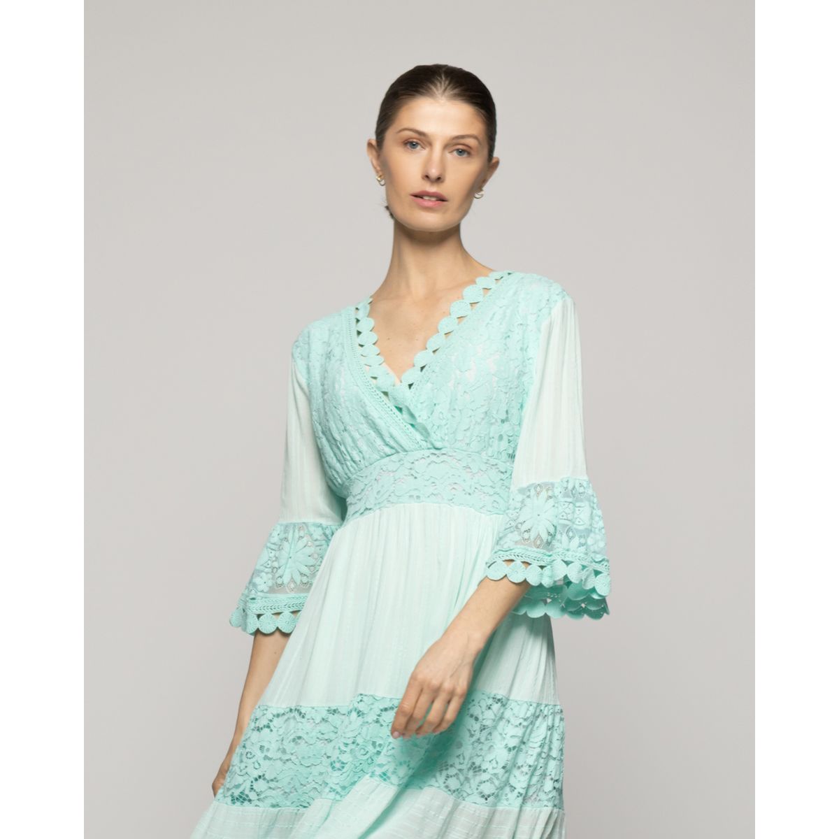 LINEATRE - Vestido Mujer Vivi Largo Midi Con Adornos De Encaje Agua Lineatre