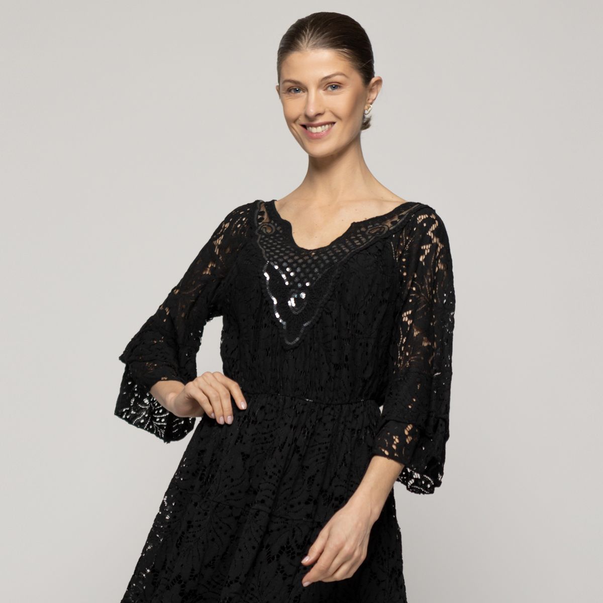 LINEATRE - Vestido Mujer Verena Encaje Y Detalles De Lentejuelas Negro Lineatre