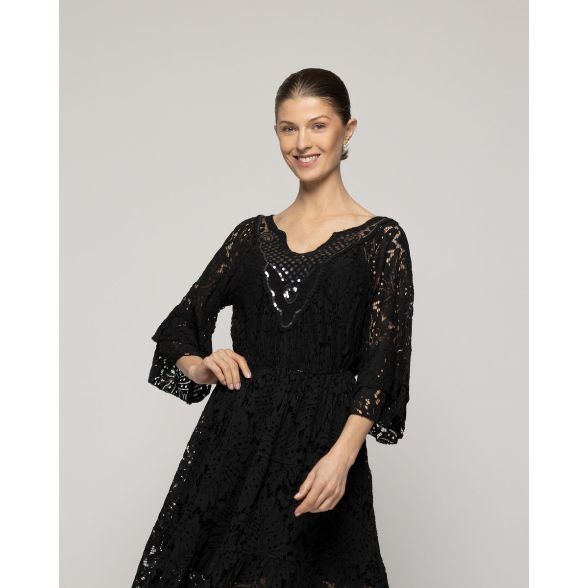 LINEATRE - Vestido Mujer Verena Encaje Y Detalles De Lentejuelas Negro Lineatre