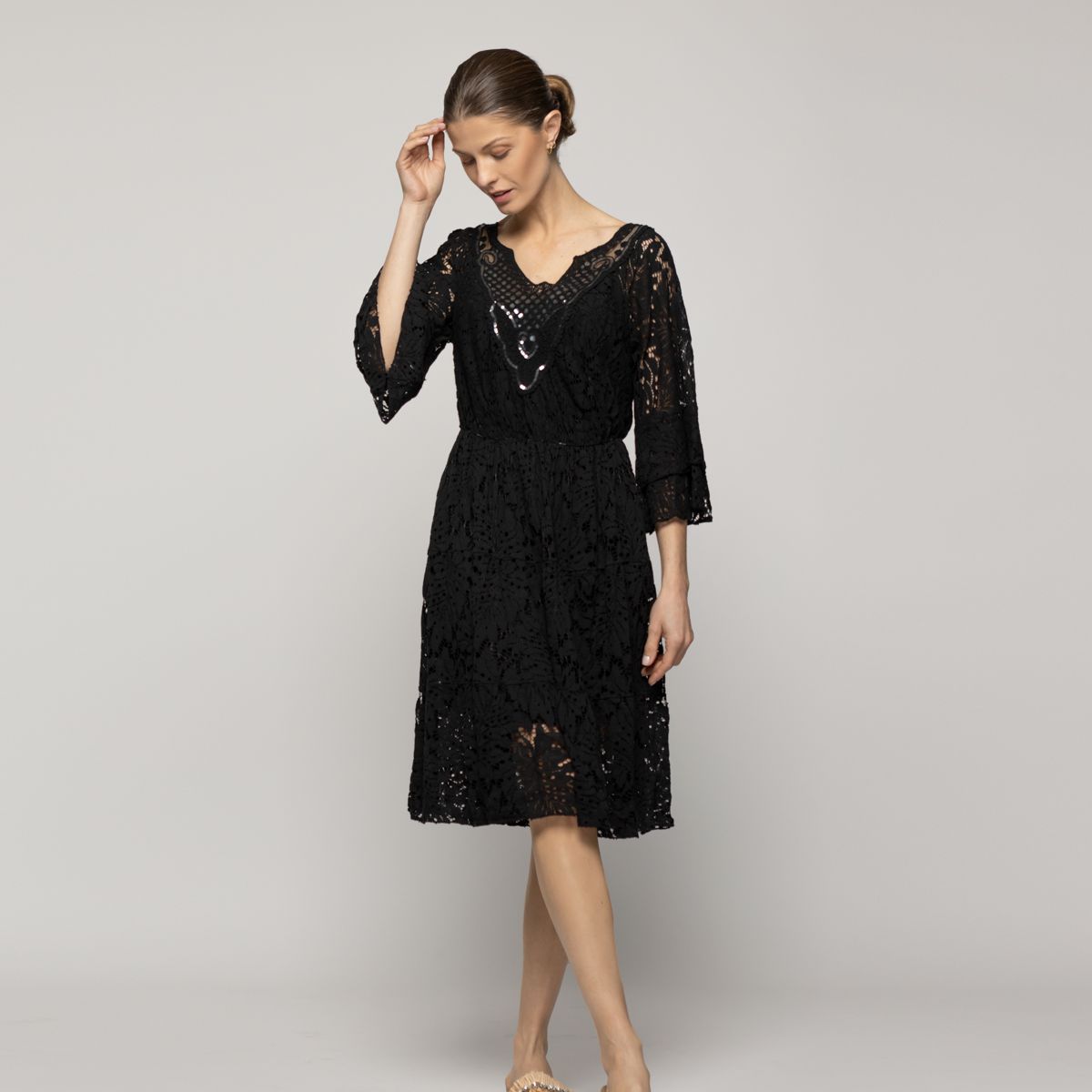 LINEATRE - Vestido Mujer Verena Encaje Y Detalles De Lentejuelas Negro Lineatre