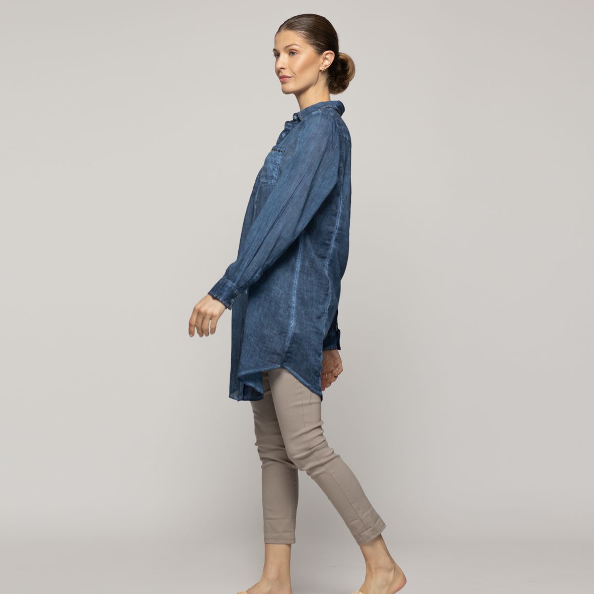 LINEATRE - Blusa Mujer Biddy  Larga Tipo Jeans Bolsillo Frontal Y Detalle Lentejuelas Azul Lineatre