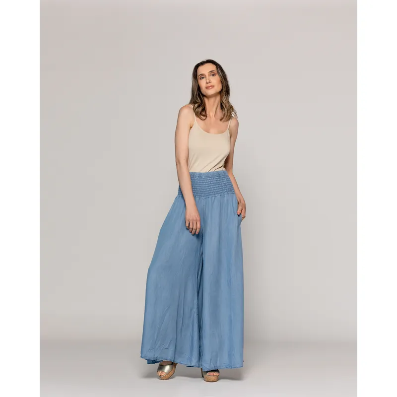 LINEATRE - Pantalón Mujer Pilar Palazzo Demin Con Pretina Fruncida Lineatre