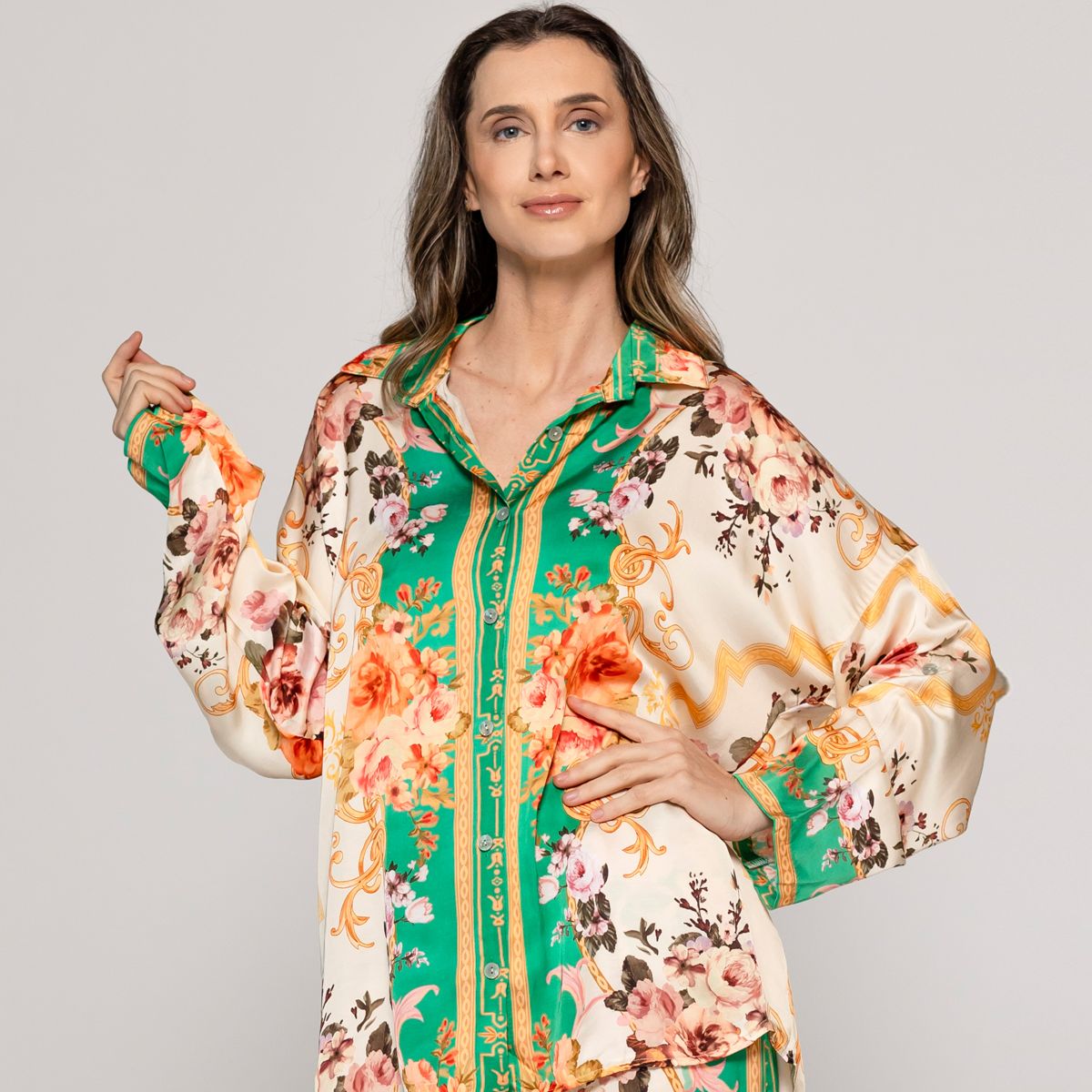 LINEATRE - Blusa Mujer Brenna Tipo Satín Estampado  Verde Lineatre