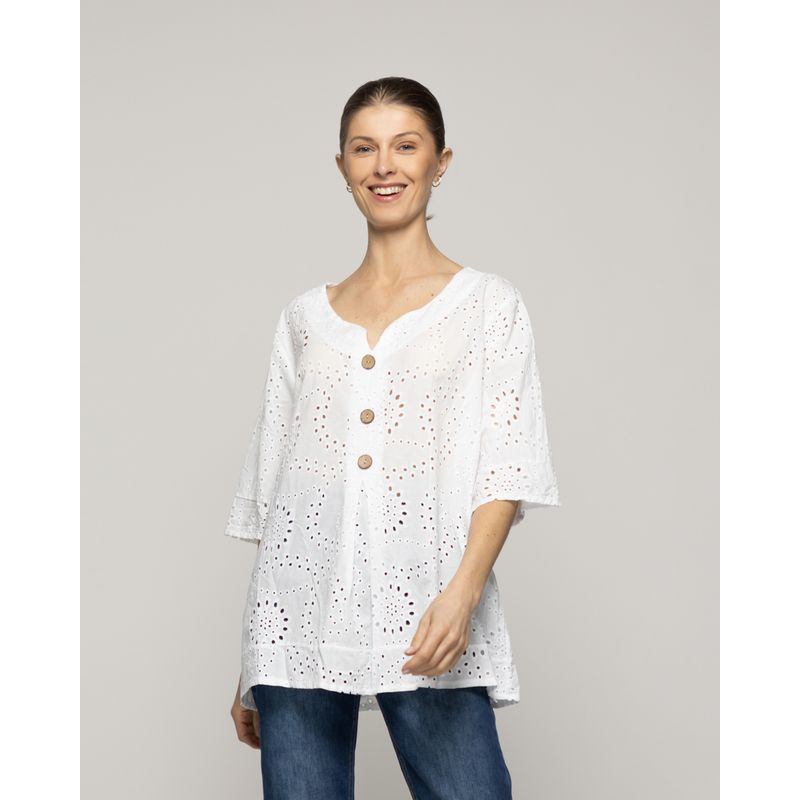 LINEATRE - Blusa Mujer Barbara De Algodón Broderie Con Botones Blanca Lineatre