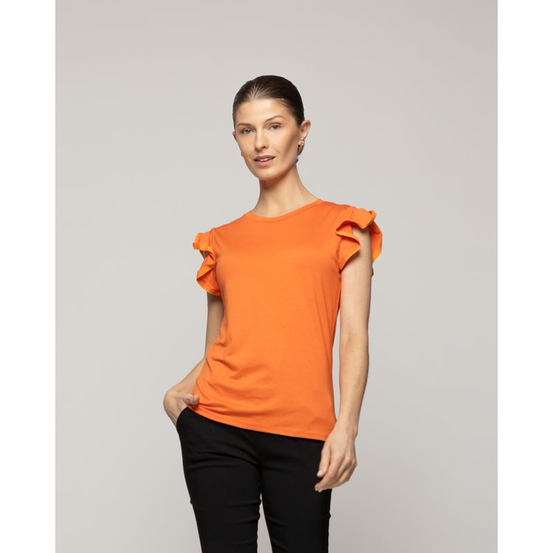 LINEATRE - Polera Mujer Básica Ondina Manga Corta Con Volantes Naranja Lineatre