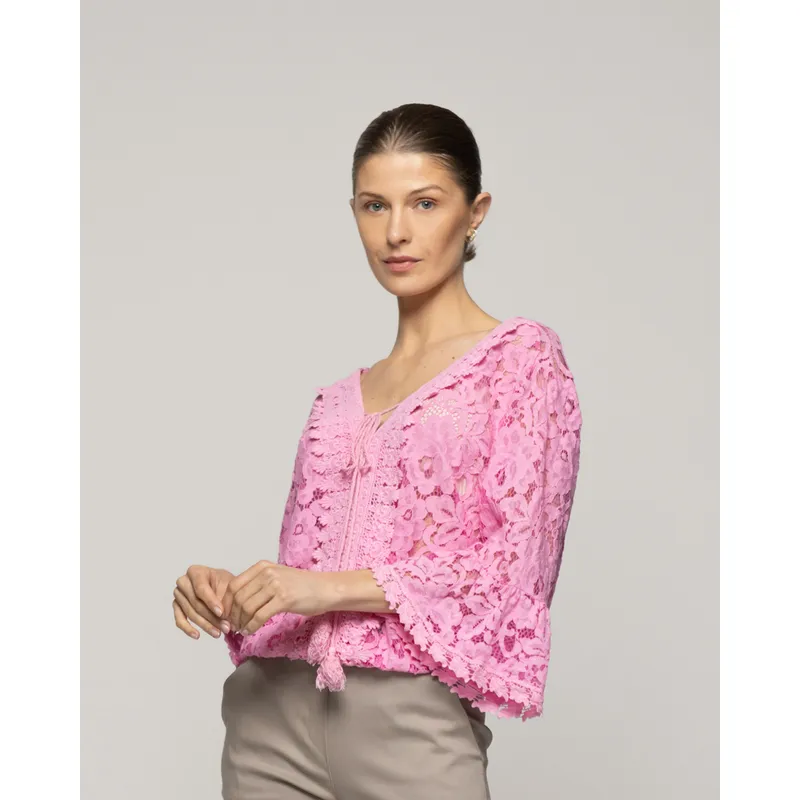 LINEATRE - Blusa Mujer Begoña De Encaje Florar Escote V Rosada Lineatre