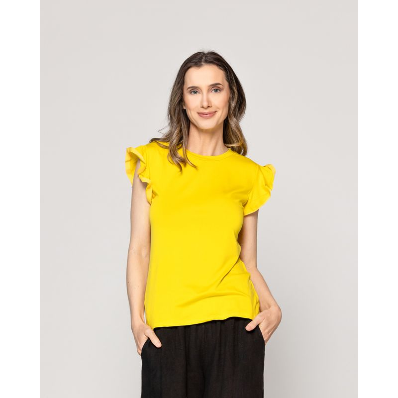 LINEATRE - Polera Mujer Básica Ondina Manga Corta Con Volantes Amarilla Lineatre
